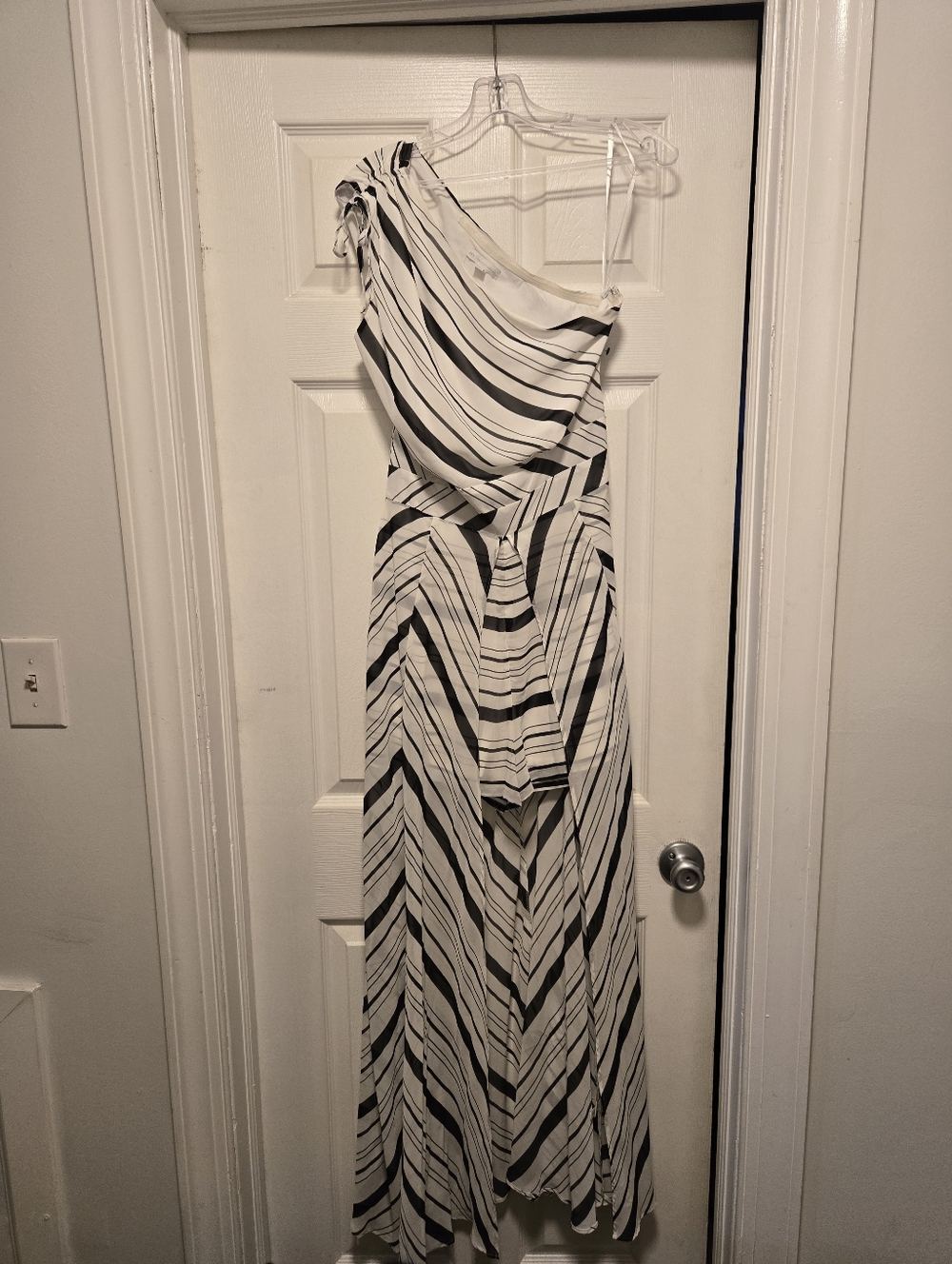 One-Shoulder Black and White Striped Maxi Dress